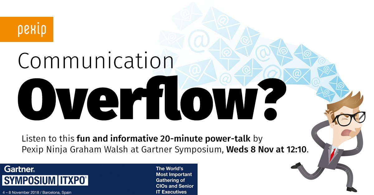pexip's tweet photo. See you at #GartnerSYM in Barcelona next week? Be sure to catch @Graham_Walsh and his power talk on Weds at 12:10 #CollaborationOverflow https://t.co/O42rDFp8Gt