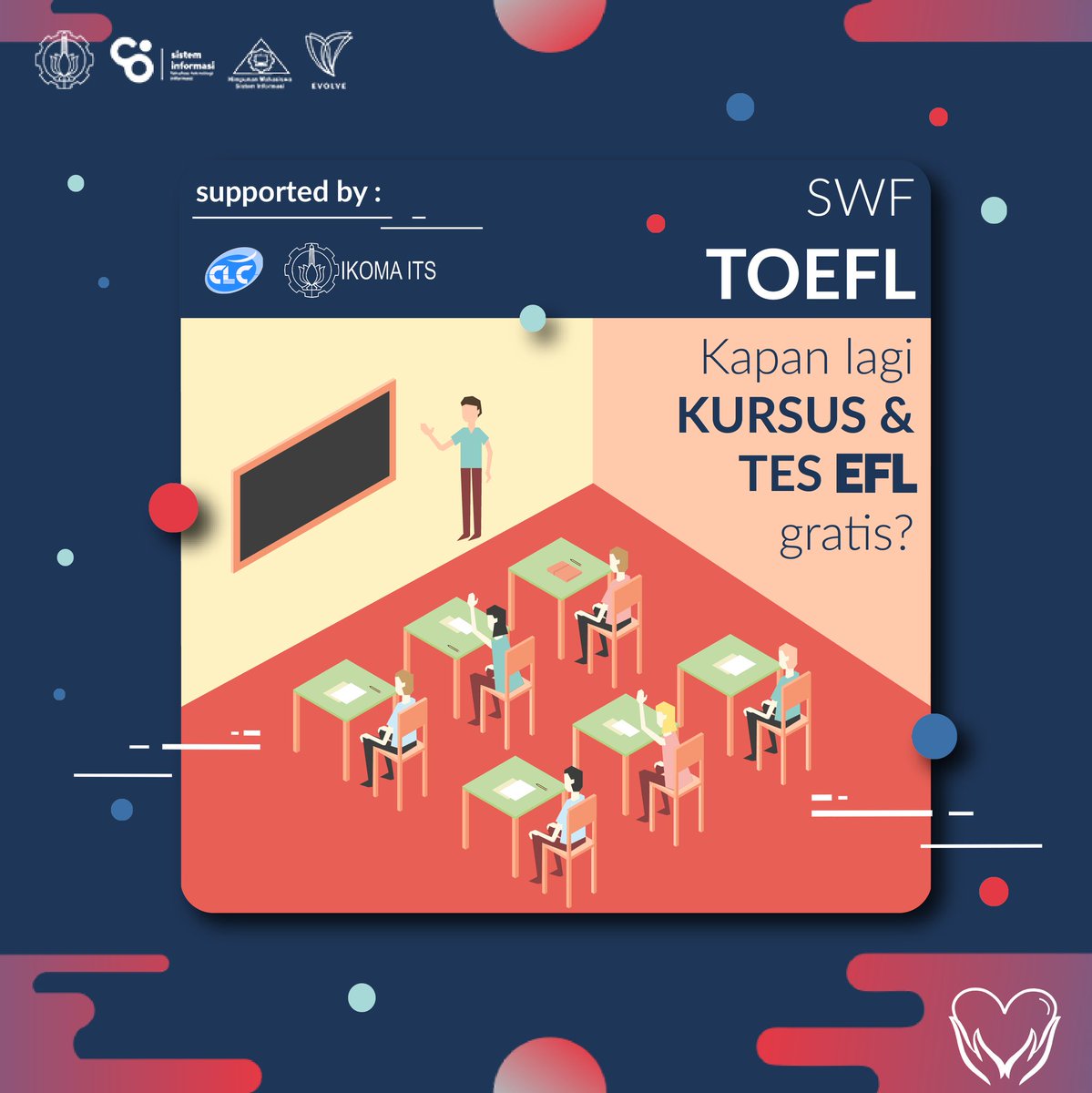 HMSI_ITS's tweet photo. [KURSUS &amp; TES TEFL GRATIS?]
SWF TOEFL u/ mhs tahun ke3++ free! For more info ada di OA kita lainnya! 
#SWFChevalier
#HMSIEvolve
#ITSSurabaya https://t.co/KMaXs4Fu9k