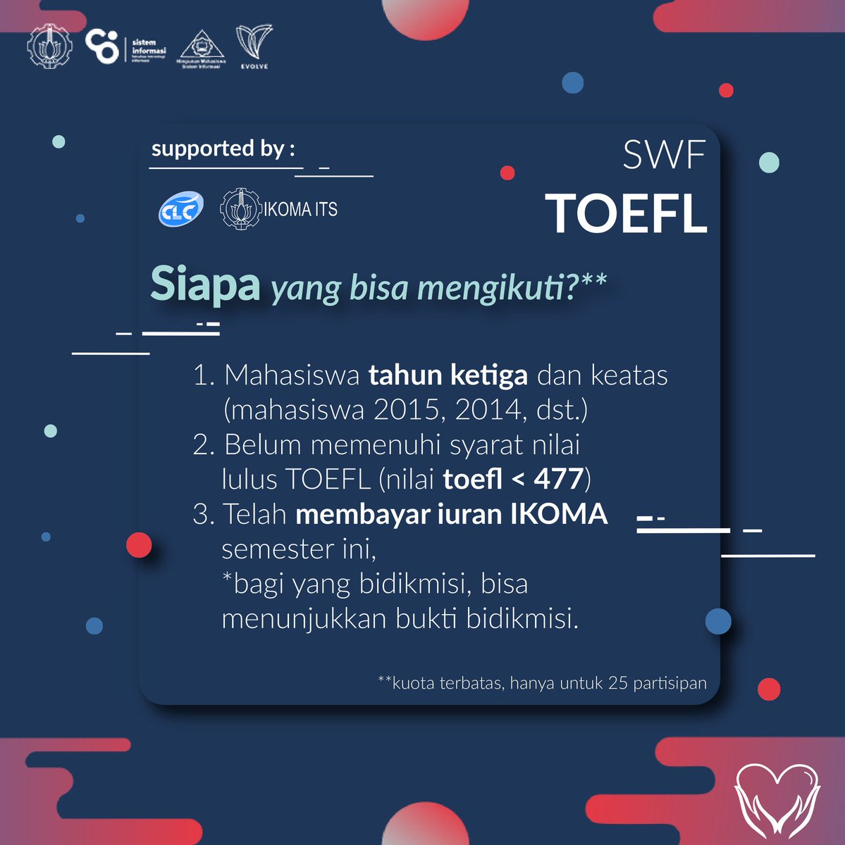 HMSI_ITS's tweet photo. [KURSUS &amp; TES TEFL GRATIS?]
SWF TOEFL u/ mhs tahun ke3++ free! For more info ada di OA kita lainnya! 
#SWFChevalier
#HMSIEvolve
#ITSSurabaya https://t.co/KMaXs4Fu9k