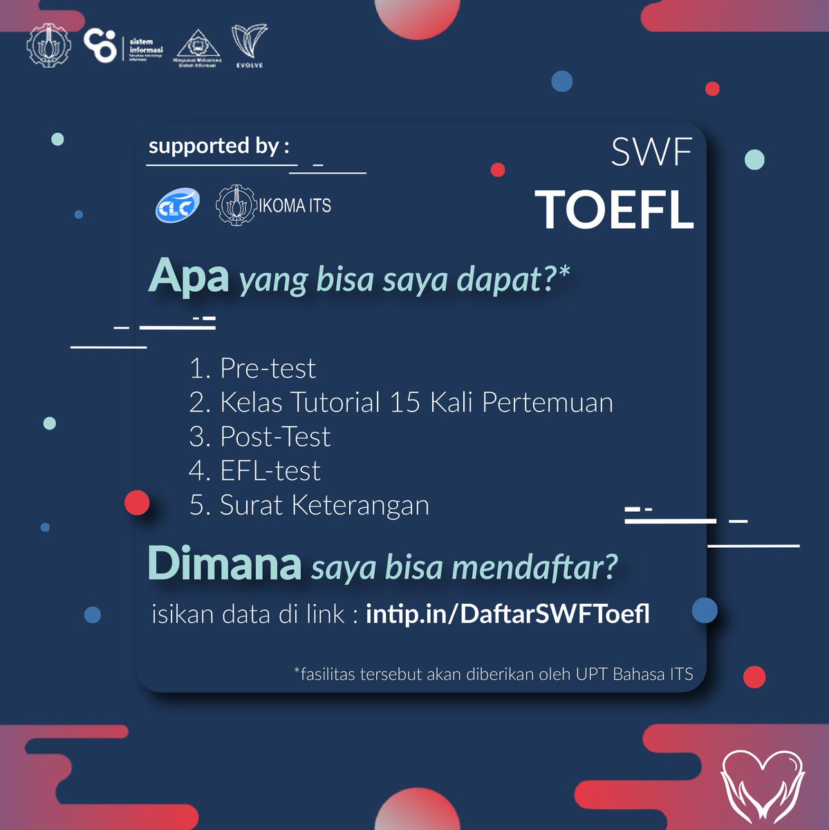 HMSI_ITS's tweet photo. [KURSUS &amp; TES TEFL GRATIS?]
SWF TOEFL u/ mhs tahun ke3++ free! For more info ada di OA kita lainnya! 
#SWFChevalier
#HMSIEvolve
#ITSSurabaya https://t.co/KMaXs4Fu9k