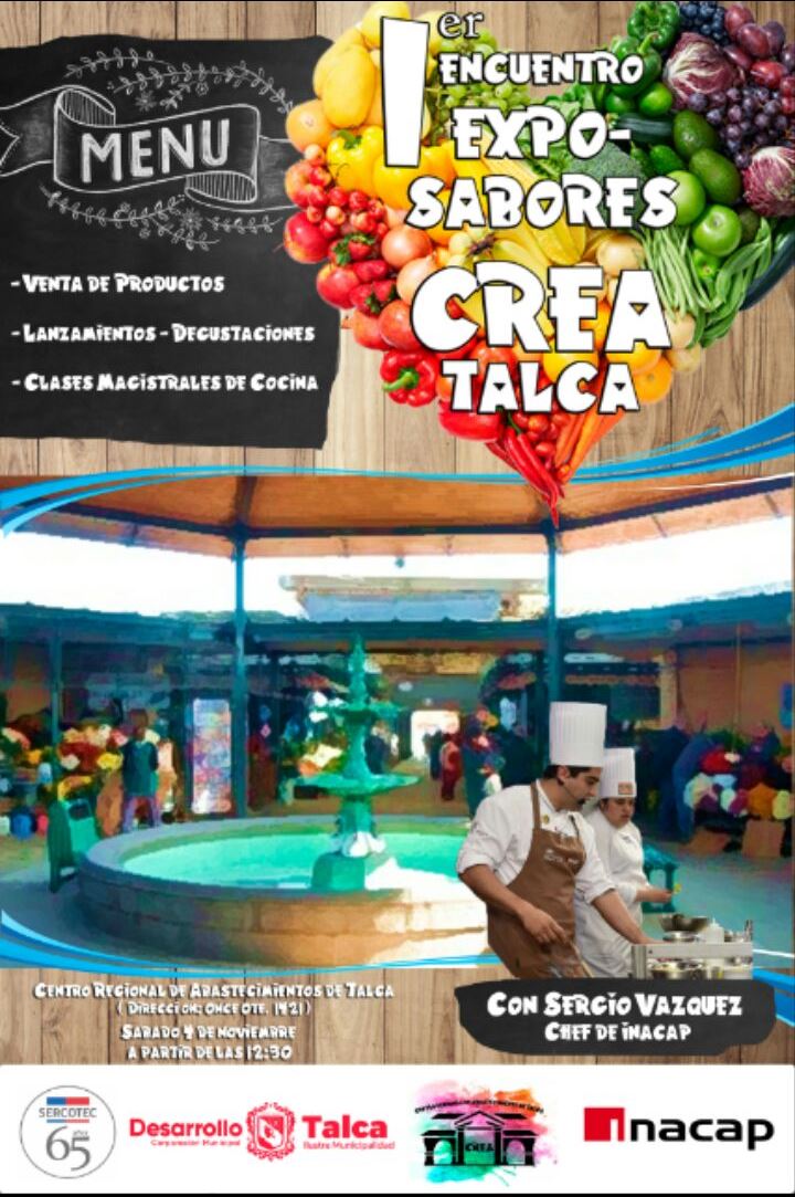 SercotecMaule's tweet photo. OJO! Mañana sábado, clase de cocina en vivo en el CREA de #Talca #FeriasLibres @diarioelcentro https://t.co/Sm67qYTFwO