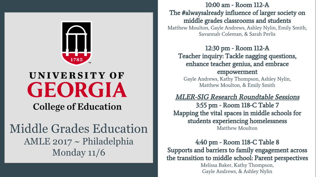 matthewjmoulton's tweet photo. the @UGAMiddleGrades #AMLE2017 lineup! https://t.co/0ssvoDBUdx
