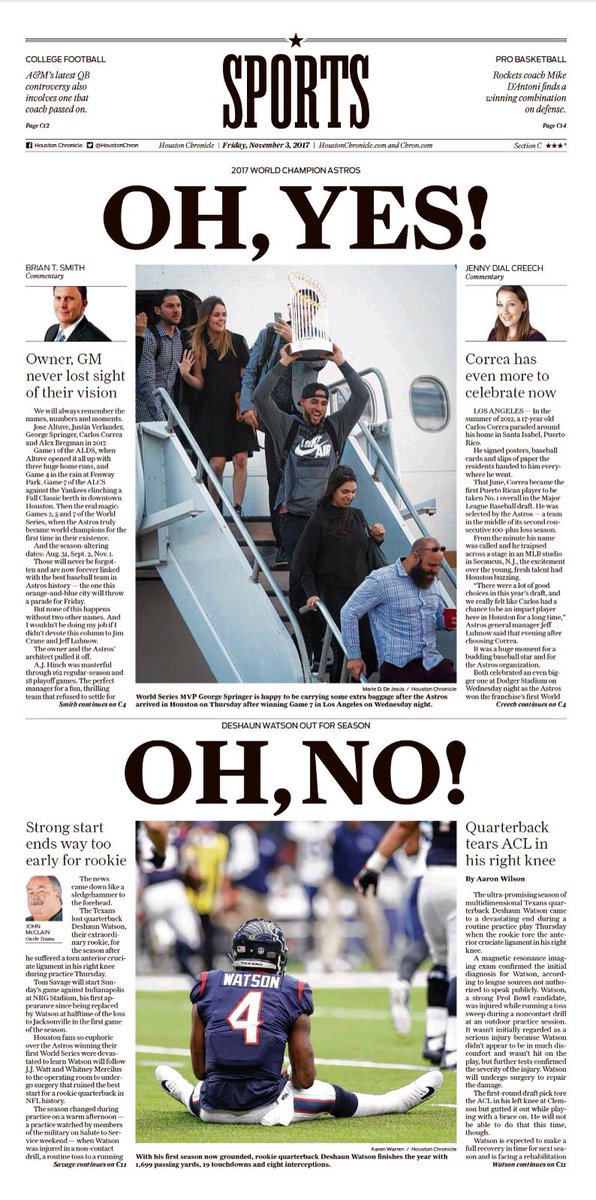 GregRajan's tweet photo. It was the best of times, it was the worst of times. Today's Dickensian @HoustonChron sports cover with #Astros, #Texans (design:@foxt78) https://t.co/UYpKJbmrkG