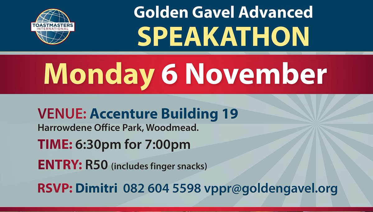 GoldenGavelTM's tweet photo. Golden Gavel is holding a Speak-A-Thon on Monday the 6th Nov. Join us for a fantastic evening! https://t.co/BYjSc1cbv0