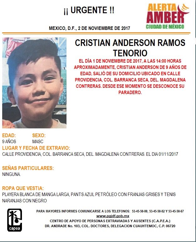 889Noticias's tweet photo. ⚠️Activan #AlertaAmber @AAMBER_mx para localizar al menor Cristian Anderson Ramos Tenorio, desaparecido en la Del. Magdalena Contreras
jc https://t.co/3zaR0fESjx