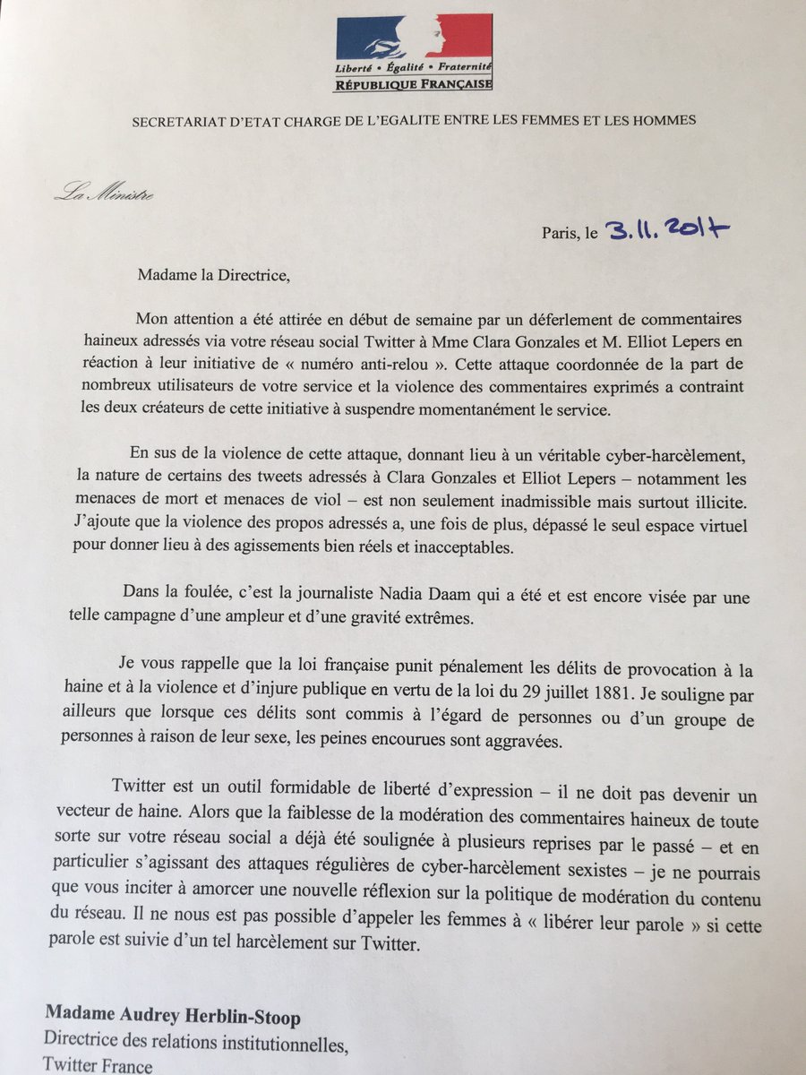 MarleneSchiappa's tweet photo. J'ai demandé à @Twitter et à @WebediaFR de prendre leurs responsabilités pour que cesse le cyber-harcèlement 
@claranote @nadiadaam https://t.co/7TYvfBZ04s