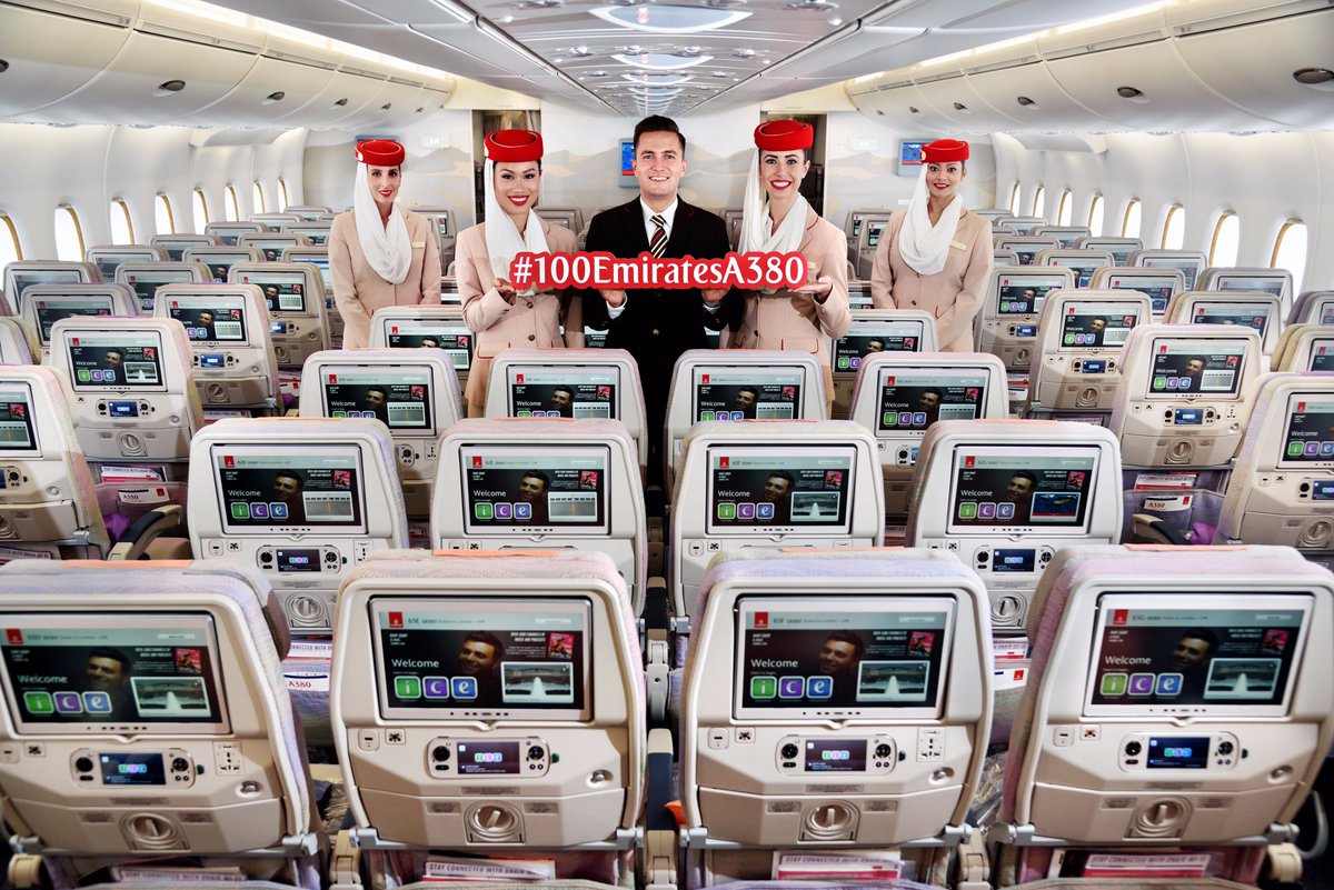 emirates's tweet photo. Our 100th @Airbus A380 will be showcased at the upcoming @DubaiAirshow. #Emirates100A380 https://t.co/LHW7Tc9g6E