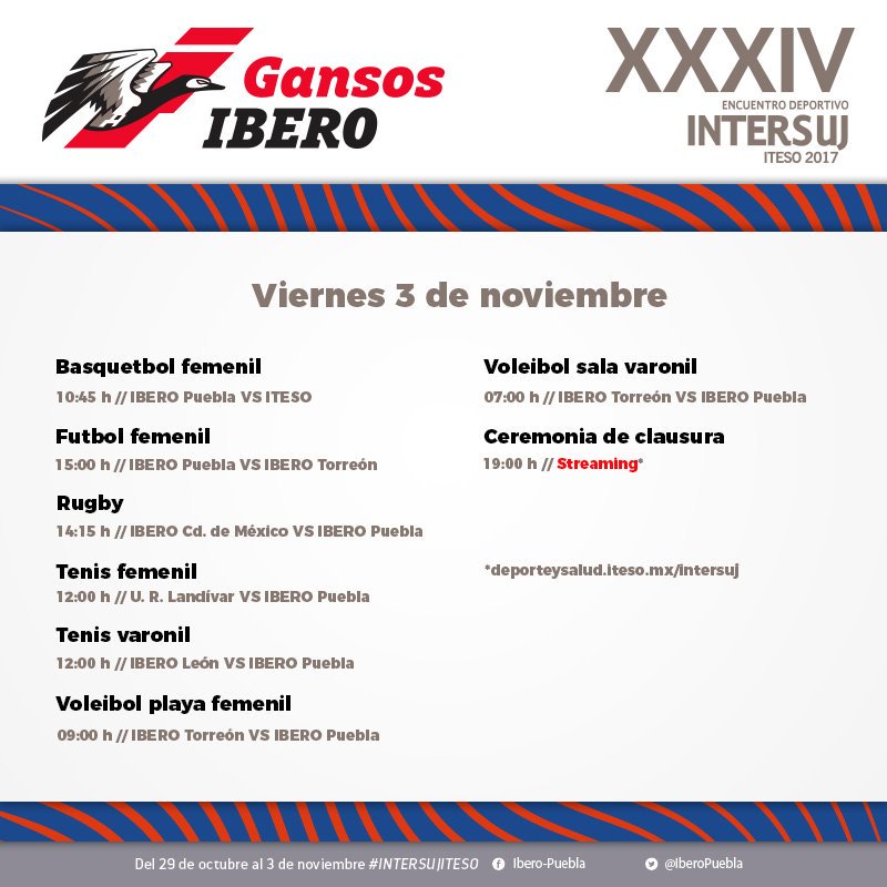 IberoPuebla's tweet photo. Así serán los últimos encuentros de nuestros #GansosIBERO en los #INTERSUJ2017 https://t.co/obFizuEtx5