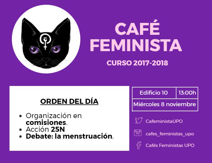 CafeministaUPO's tweet photo. ATENCIÓN!! Próximo café no-mixto el miércoles 8 de noviembre a las 13h frente al edificio 10 para debatir sobre la menstruación. 👏💜 https://t.co/jvkkJ3jUMY