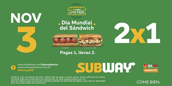 Ya están listos para el día del sandwich? Ve a celebrarlo a Subway  este 3 de Nov. con su 2x1. #SubwayDMS