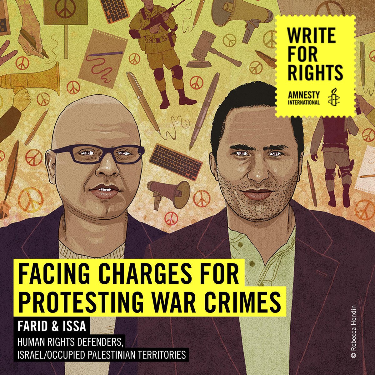 amnestyusa's tweet photo. Peaceful protest is not a crime. Tell Israel to drop all charges against Farid and Issa immediately. #Write4Rights https://t.co/OEJiBGJ6Fb https://t.co/ZQq1pBltg2