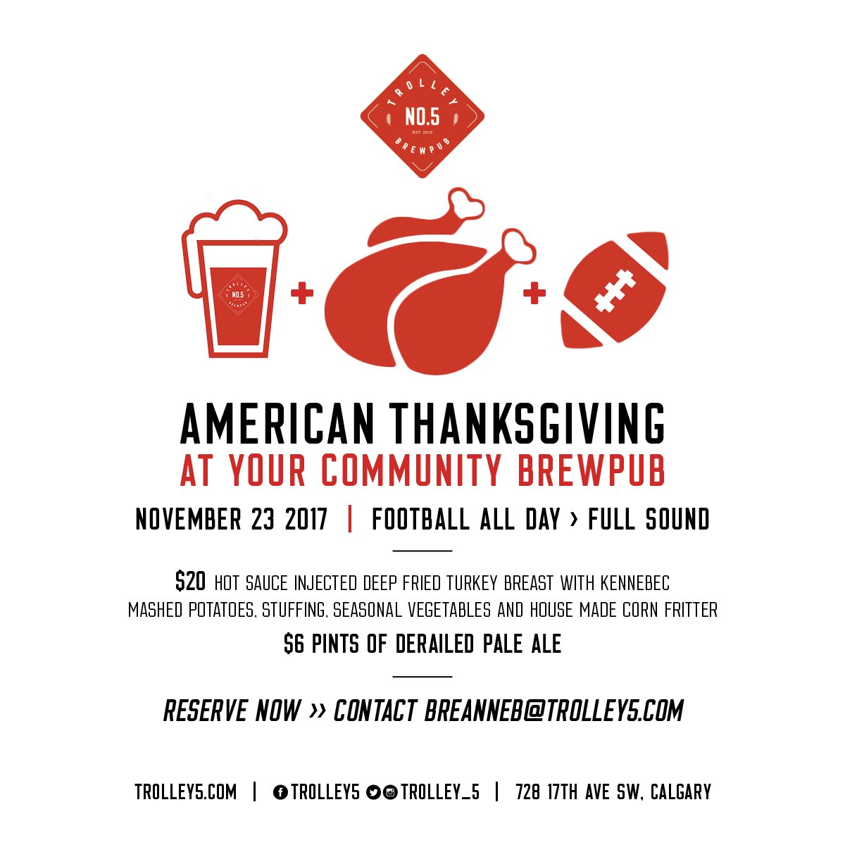 Trolley_5's tweet photo. Local Beer + Turkey + All Day Football! Join us for American Thanksgiving on Nov 23rd. Reserve Now > BreanneB@Trolley5.com #NFL #fullsound https://t.co/qD5tgvdqiq