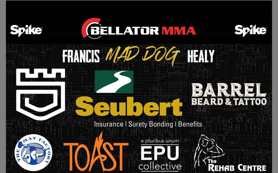 EPUCollective's tweet photo. Thank you @Seubert_, @ToastProducts, @Dethrone, The Rehab Centre, and @BarrelBeardTat for supporting @Healy412 in his #Bellator186 bout! https://t.co/jRIYEY0PyN