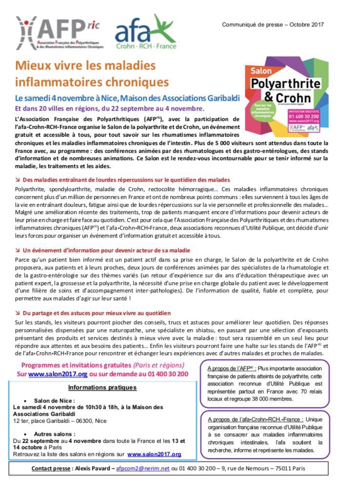 AssoRVPB's tweet photo. 💊#News #Presse 🗞#Santé : Le Salon de la #Polyarthrite &amp; #Crown aura lieu le 4/11 prochain, 10h30 - 18h à la Maison des Associations de #Nice06 avec l' #AFPRic et l'Afa https://t.co/nToWB6MbVk