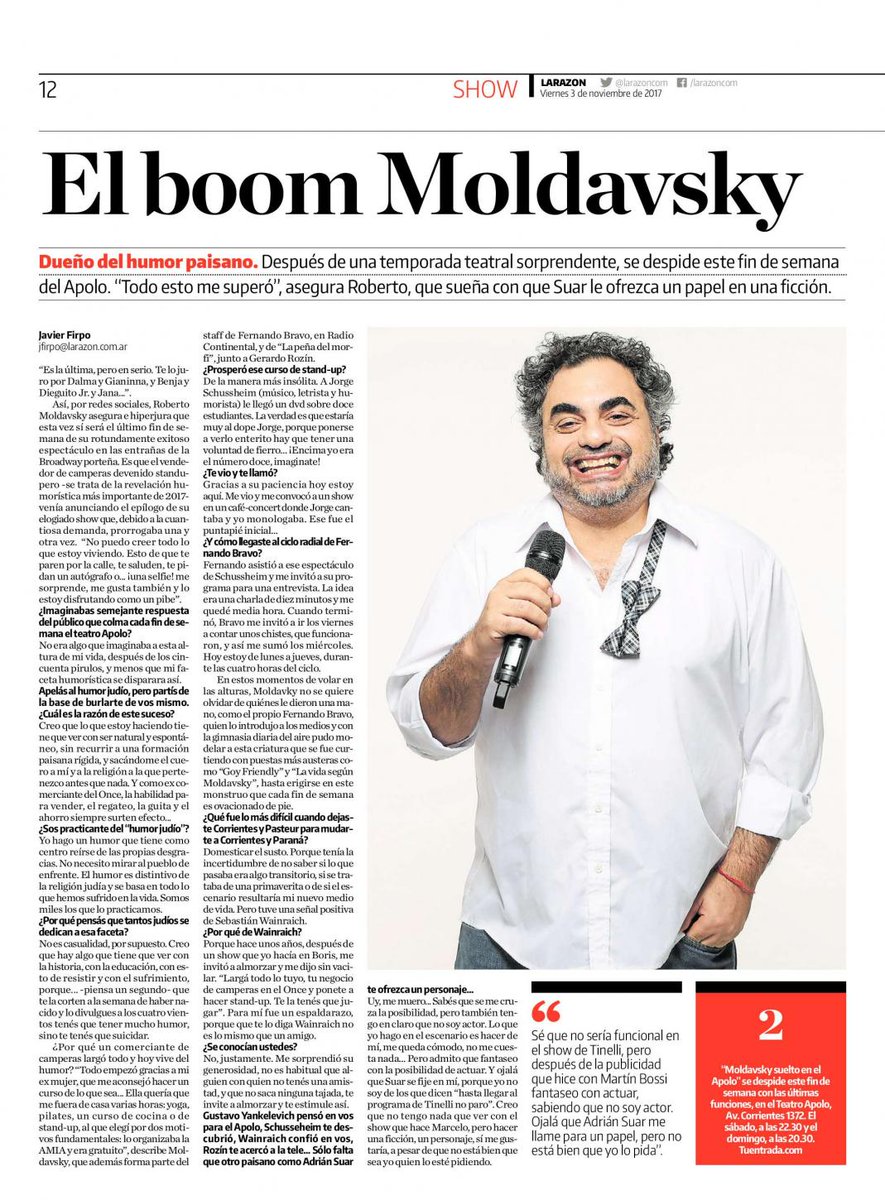 EspectaculosLR's tweet photo. Este finde se despide @moldavskyrober después de ser la revelación de la temporada teatral. Aquí su charla con @javierfirpo1 https://t.co/P3xuWcVgVW