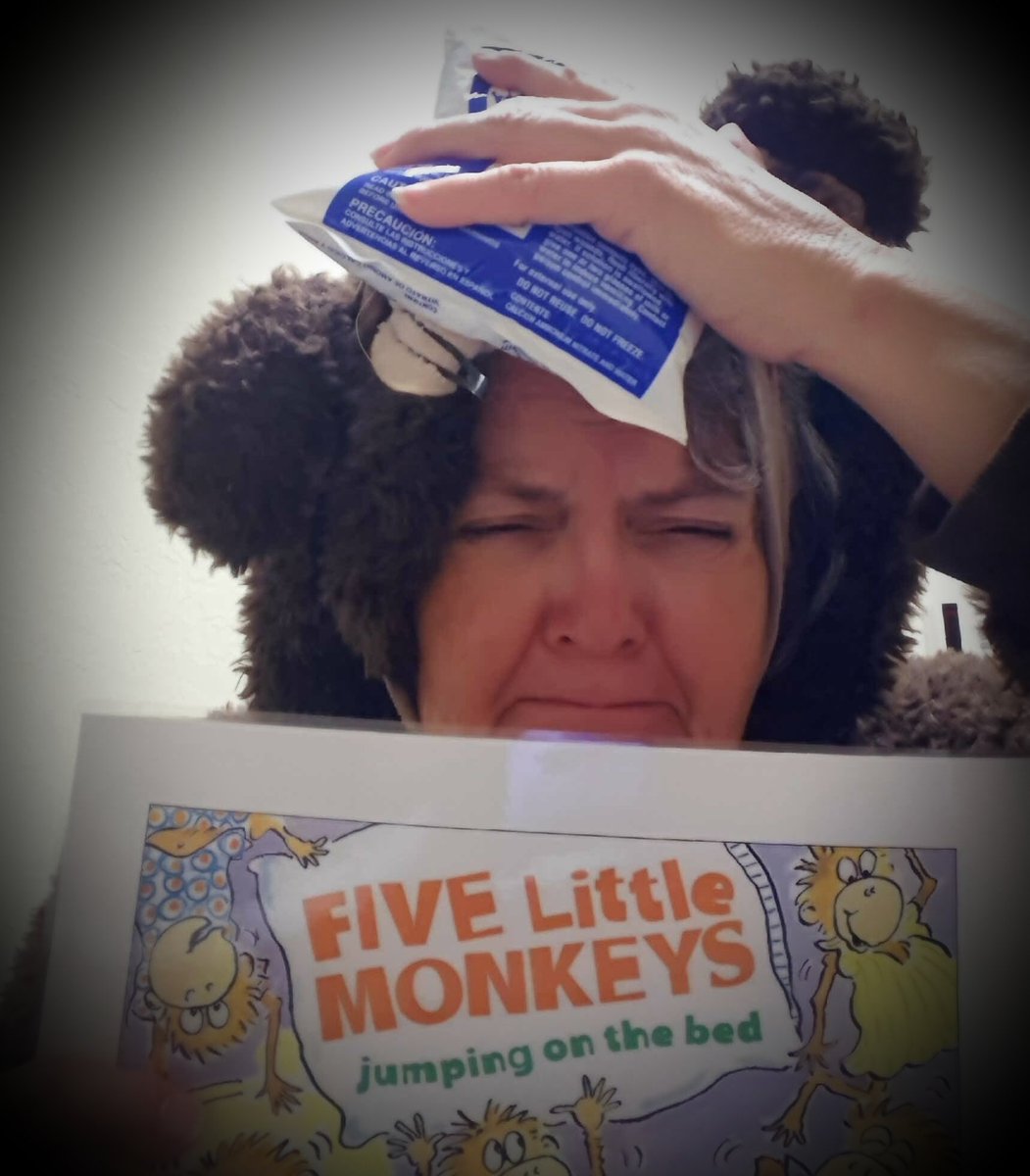 PSEMediaCenter's tweet photo. Well...the Dr. did say "No more monkeys jumping on the bed!" I should've listened😕. #psecharacterparade #mediaspecialistlife #psereads https://t.co/HqHyPR33YP
