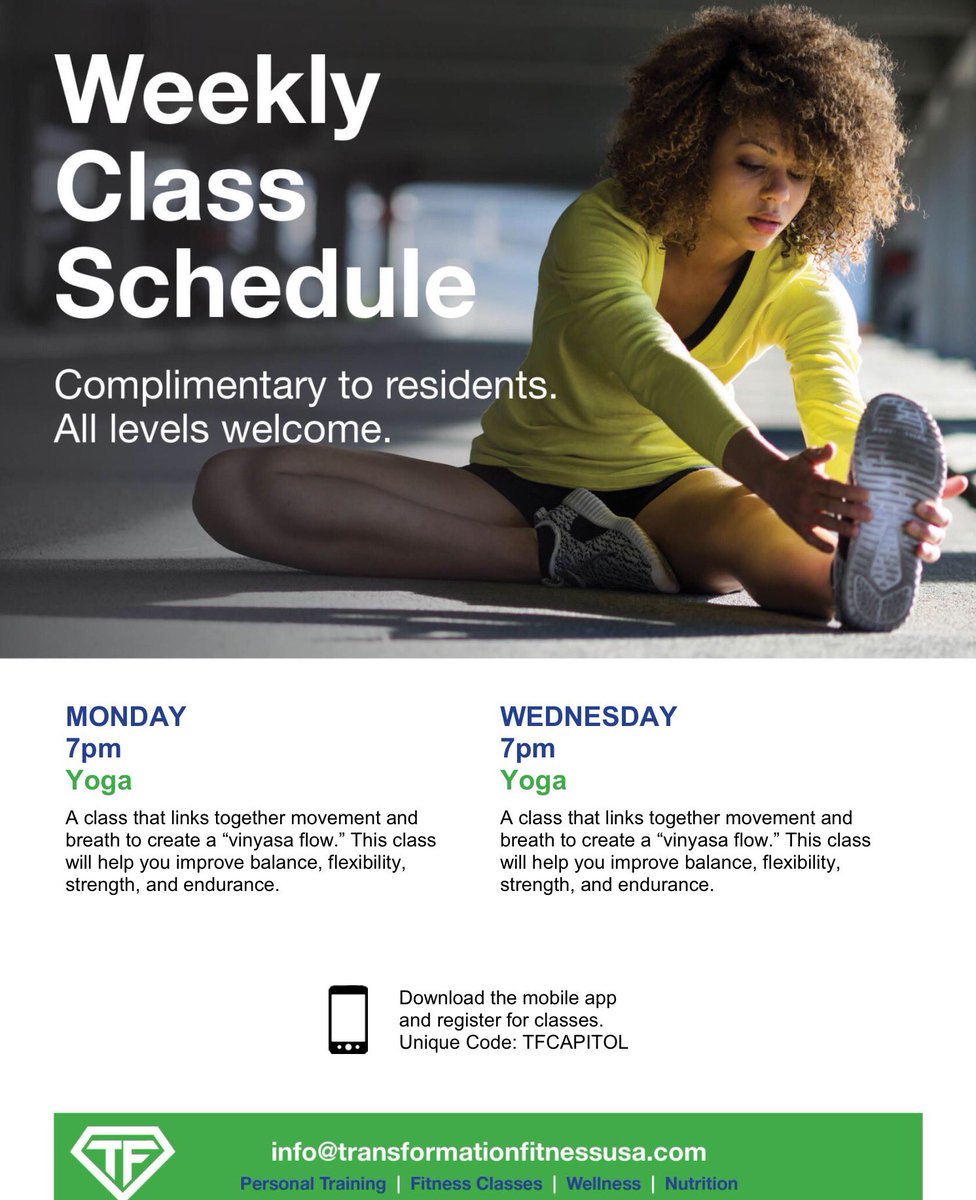 Happy Friday! We have some exciting news! Starting Monday 11/13, we will be offering two yoga classes at 909 Capitol Yards Fitness Room!