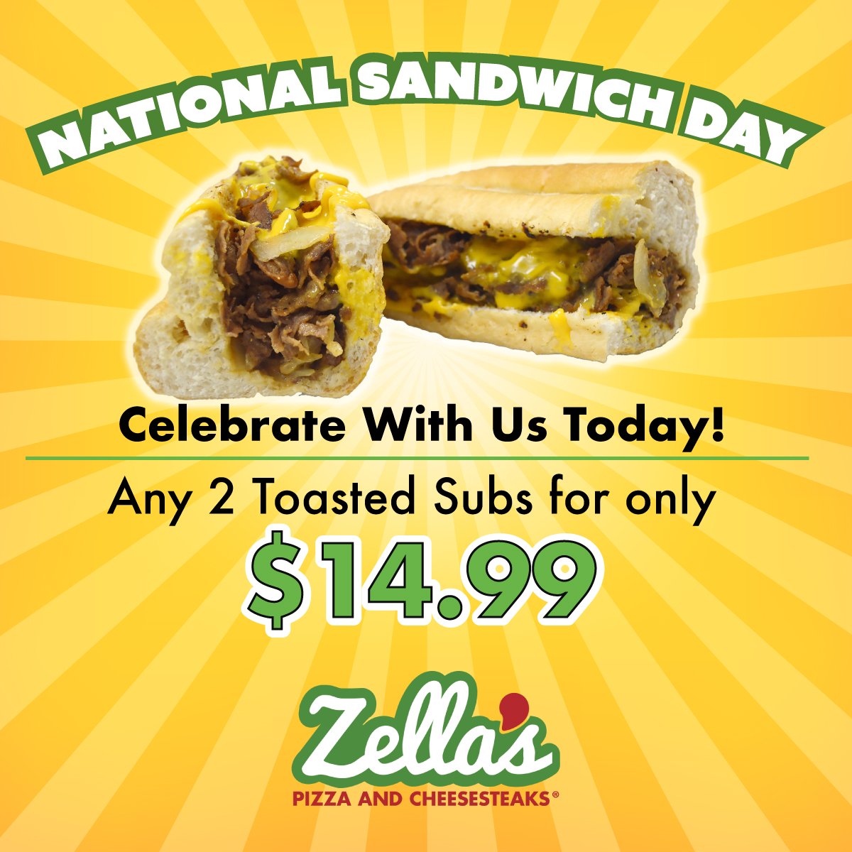 ZellasPizza's tweet photo. It's National Sandwich Day! Come in and celebrate with us with our nice toasty special. #ZellasforDays https://t.co/Tkmxwg2ken https://t.co/6EM7tHVIY9