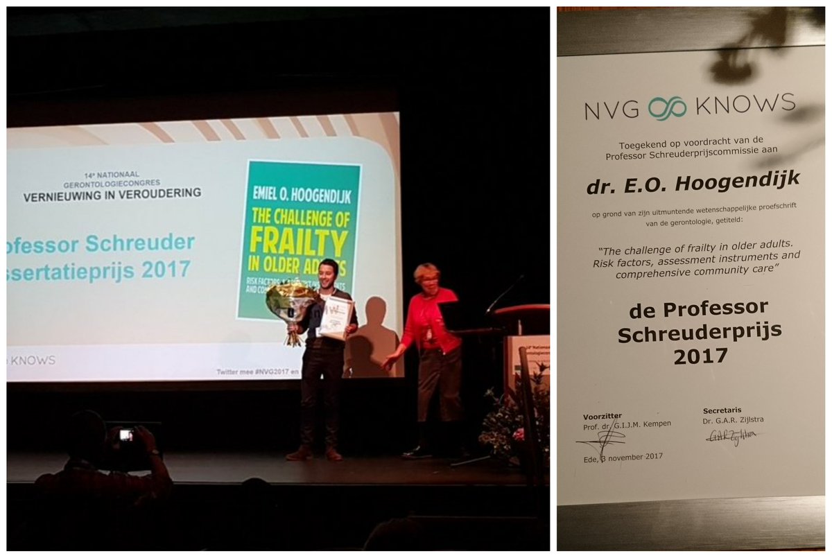 Anoukhoogendijk's tweet photo. Today my brother Emiel received the award for the best Dutch PhD thesis in gerontology! #NVG2017 #frailty @VUmcAmsterdam @Gerontologie_cc https://t.co/wPLd0jeyhs