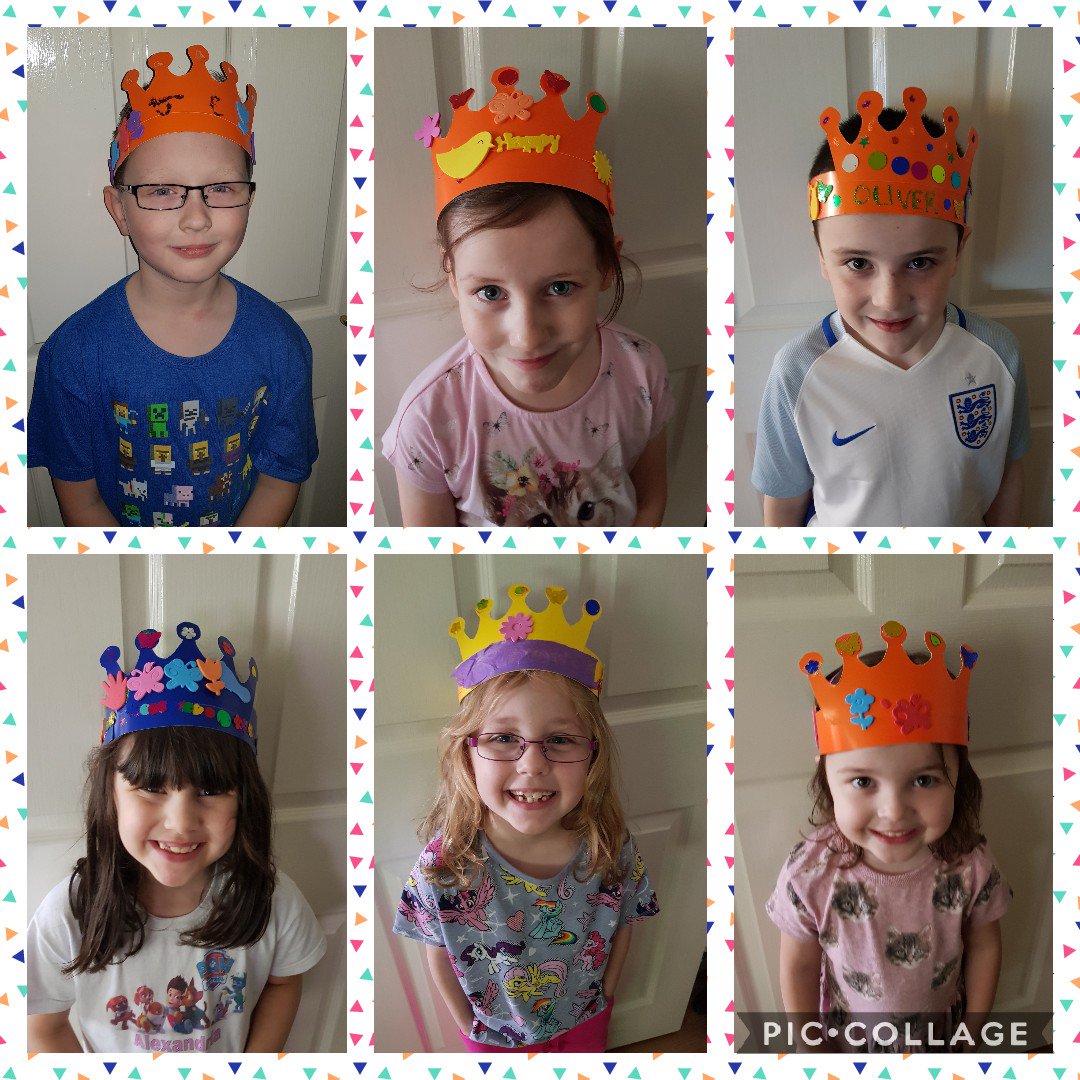 Craddsey's tweet photo. Joshua, Rachel, Oliver, Alexandria, Hannah and Sophie have been busy making their very own crowns @MonteneyLit @ekbell4 @JamiesonDonna https://t.co/xNklkrt6OU