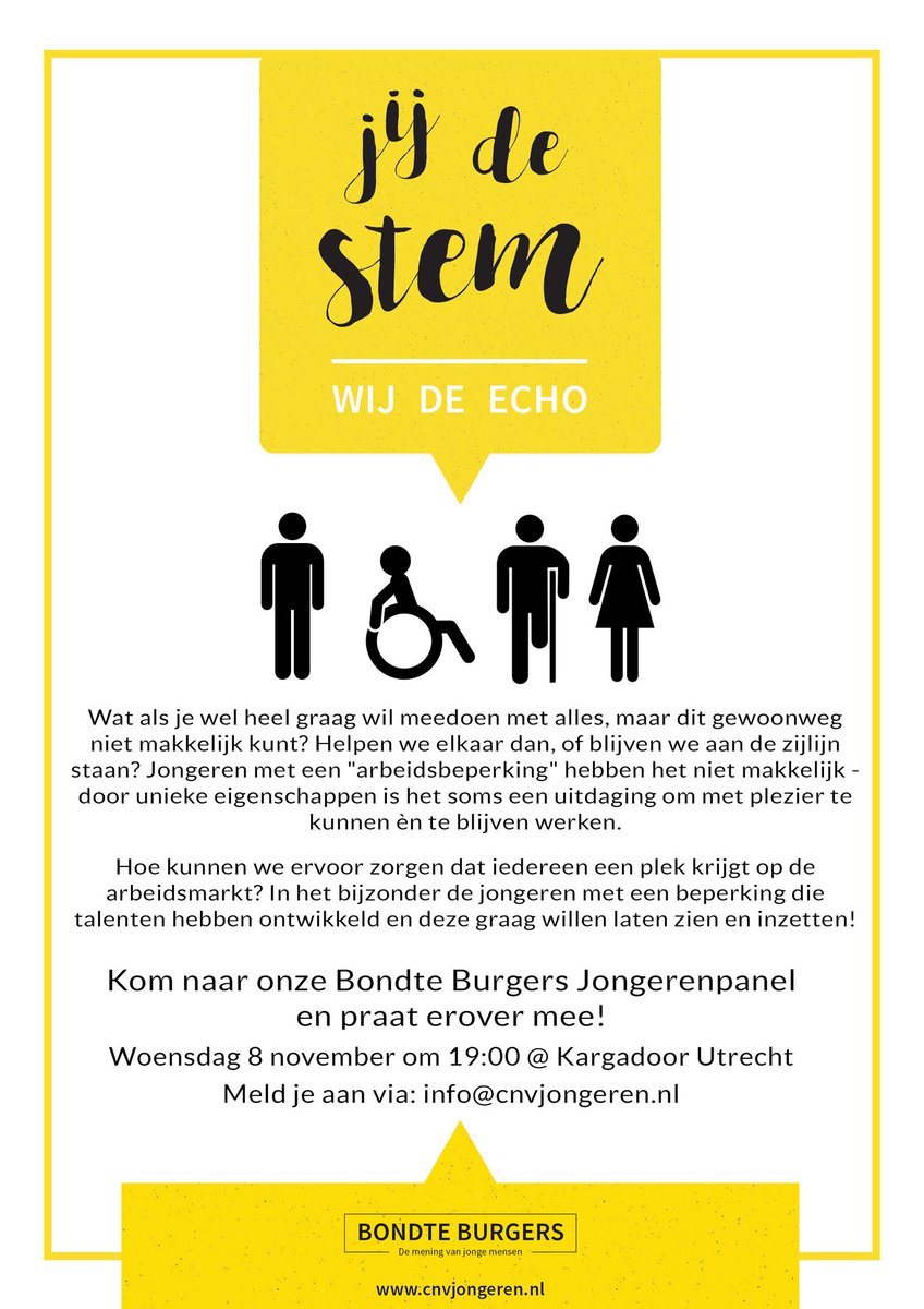 Denk mee met <a href="/CNVJongeren/">cnvjongeren</a> over werken met een beperking! woensdag 8 nov, 19u <a href="/Kargadoor/">De Kargadoor</a> -> info@cnvjongeren.nl