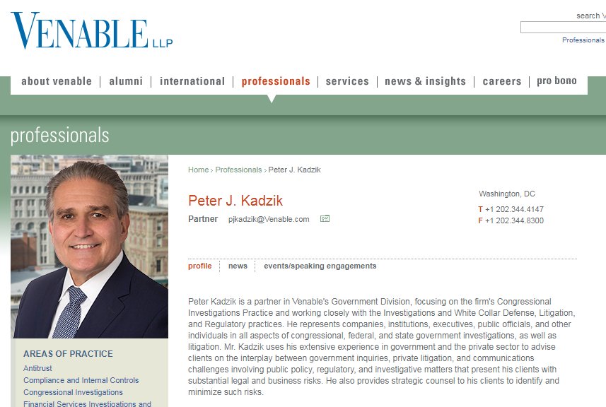 4) Who works for Venable? The man who helped oversee the Clinton investigation - Former DOJ Asst AG Peter Kadzik