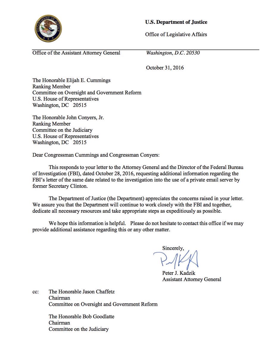 5) Here is Kadzik's 10/2016 letter to Congress explaining the DOJ and FBI's investigation of HRC and her criminal staff