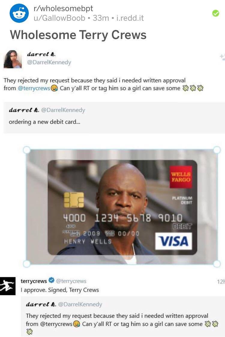 thegallowboob's tweet image. @terrycrews please check your @reddit account and accept your invitation to moderate our r/Wholesomebpt sub! All the ❤️