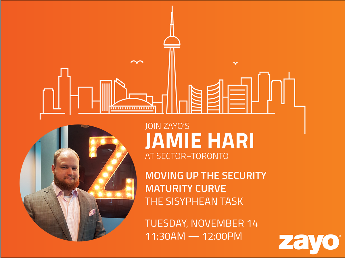 ZayoGroup's tweet photo. Don't miss Zayo's Jamie Hari speaking at SecTor in Toronto on Nov 14th from 11:30-12:30! #sectorca @Sectorca https://t.co/jqr2EcaPte