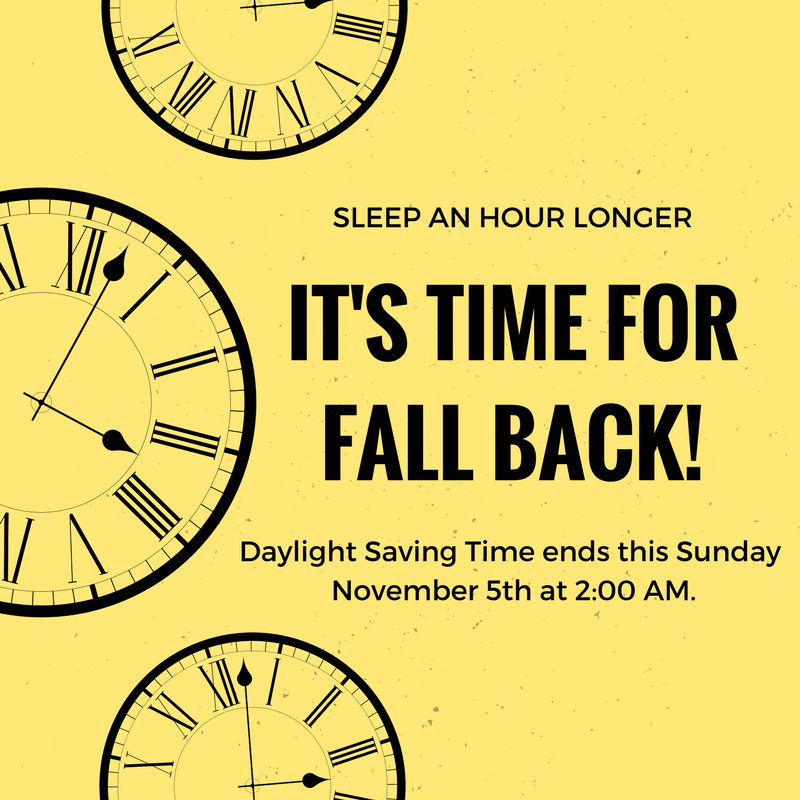CAMPS2115's tweet photo. Daylight Savings Time ends this Sunday - enjoy the extra hour of sleep! 😴#DaylightSavingTimeEnds #FallBack https://t.co/ny8KFBiZ6i