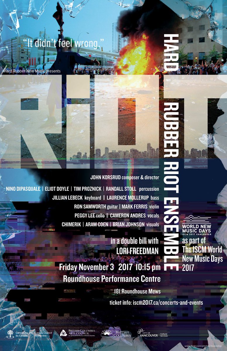 hard_rubber's tweet photo. Tonight! RIOT by Hard Rubber Riot Ensemble +++ Lori Freedman @iscm2017 @RoundhouseCC https://t.co/LWjrA9QvSR #metrovancouver #vancity #yvr https://t.co/ABVosuZv9K