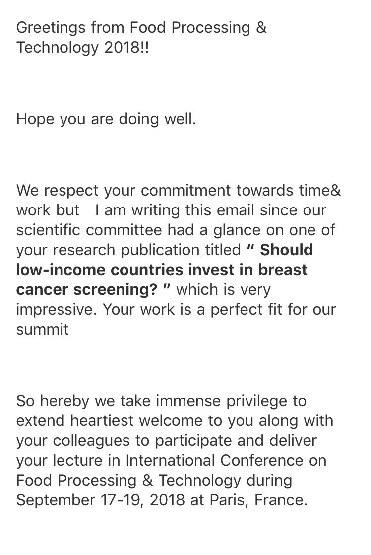 oncology_bg's tweet image. How on earth is my article on breast cancer screening a perfect fit for a summit on Food Processing? 🙀#predatoryconference