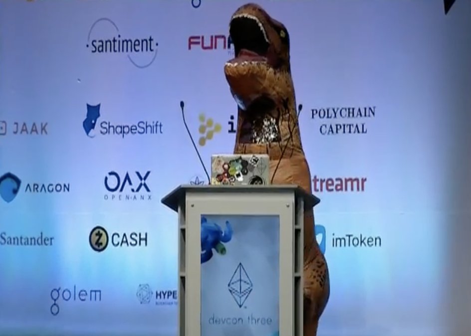 Consensys's tweet image. Shout out to Dan Tsui from Kyokan for giving a presentation on @metamask_io's awesome new UX at Devcon in a tyrannosaurus costume