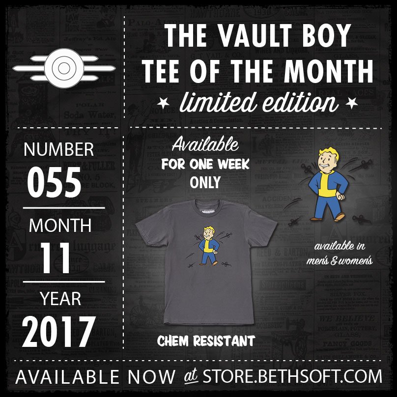 NEW VBotM-055: Chem Resistant T-Shirt available for one week only at the #Bethesda Store! #Fallout4 store.bethsoft.com/vault-boy-of-t…