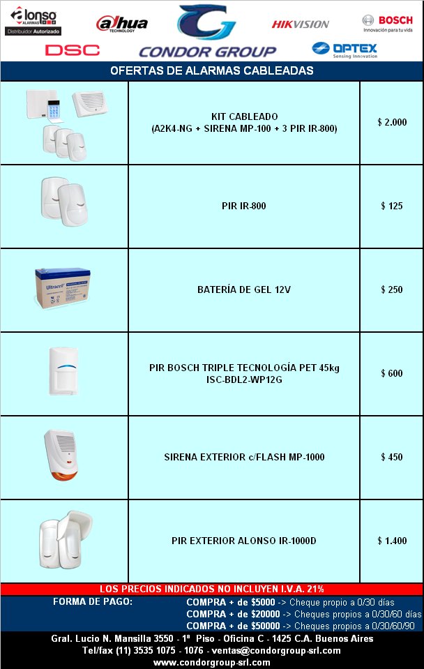 condorgroupsrl's tweet image. OFERTAS DE ALARMAS CABLEADAS !! consultas a ventas@condorgroup-srl.com