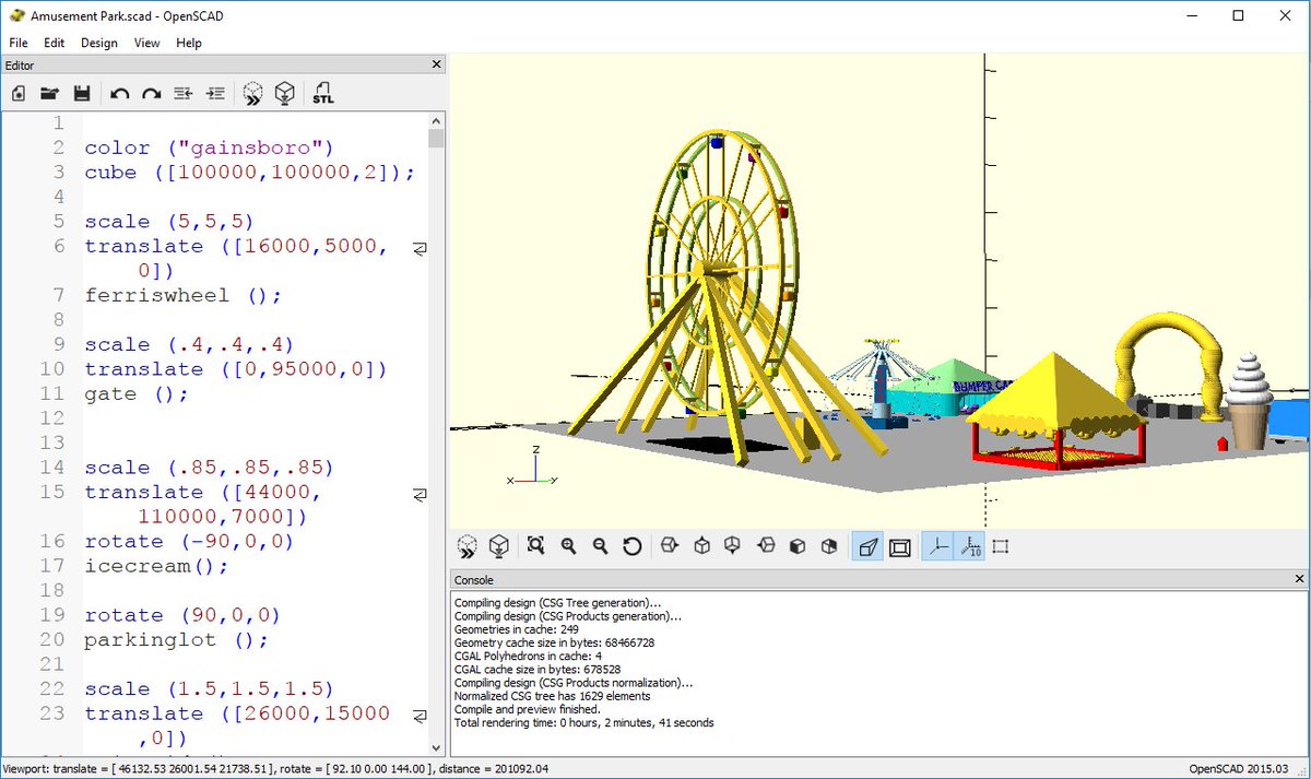 RyanZlomek's tweet photo. What's the secret to Friday 3D Modeling class productivity? Apparently designing a theme park in @openscad while listening to @Mustard_Plug. https://t.co/uUPYrHLTUa