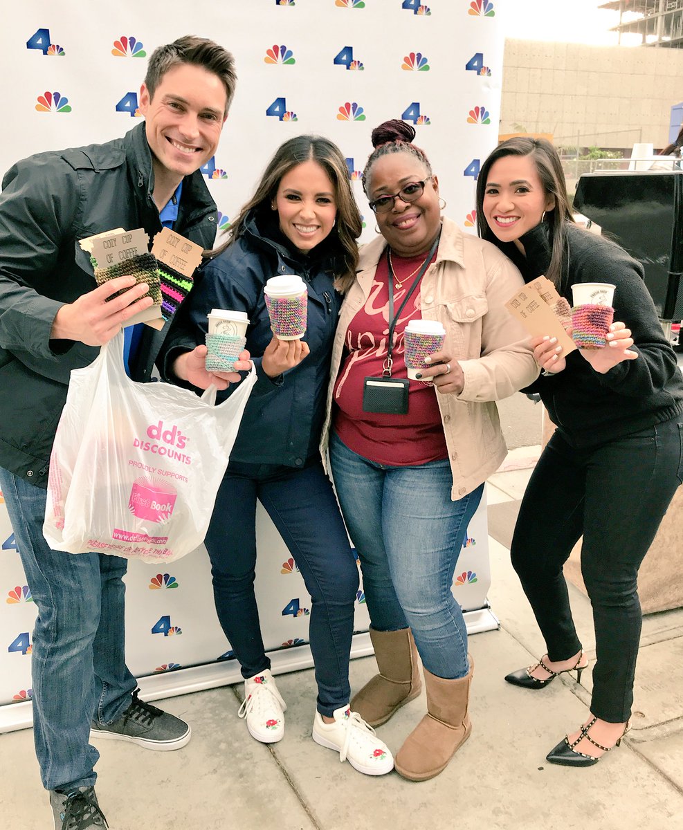 WhitJohnson's tweet photo. Great day handing out free coffee in #LongBeach!! Special thanks to our friend @ljluvgma for the handmade cup cozies!! @NBCLA https://t.co/05LmbE4sJq