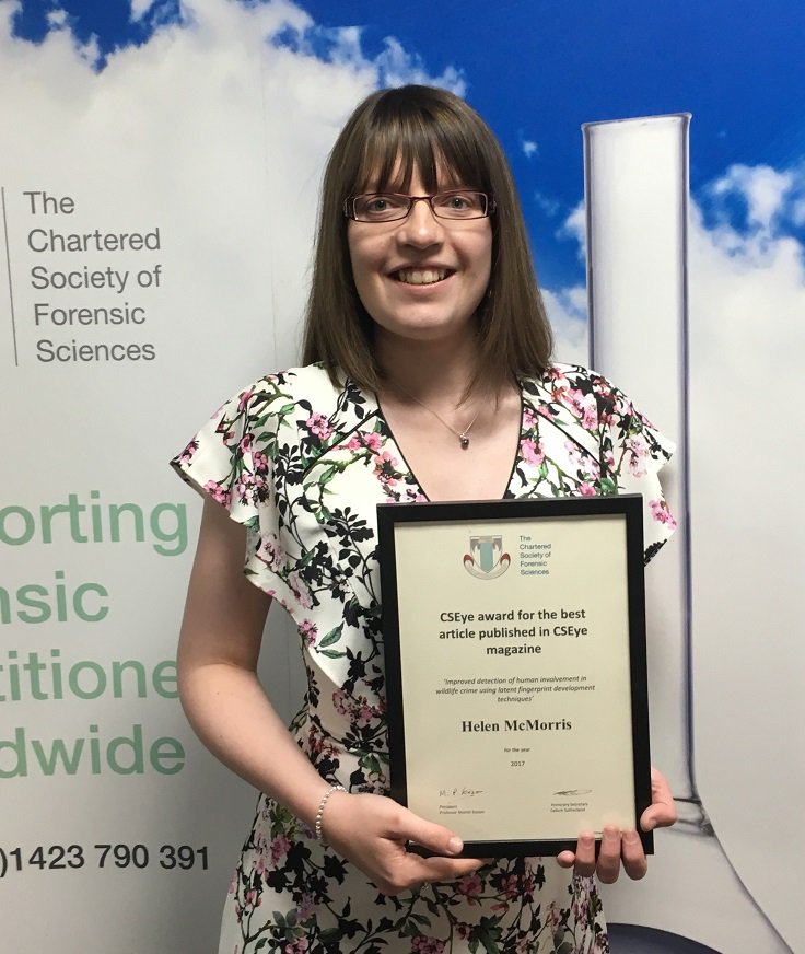 AbertaySci's tweet photo. Many congratulations to @AbertayUni PhD student &amp; TF Helen McMorris on Best Article in @CS_Eye award from @CharterForSci #ForensicCon17 https://t.co/8MAdqGftg3