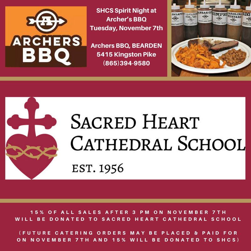 SHCSEagles's tweet photo. Hungry for dinner? Join us, Tuesday, November 7th, for SHCS Spirit Night at @archersbbq in Bearden. #SacredHeart #Knoxville #NoCookTuesday https://t.co/Q6lPYngEgg