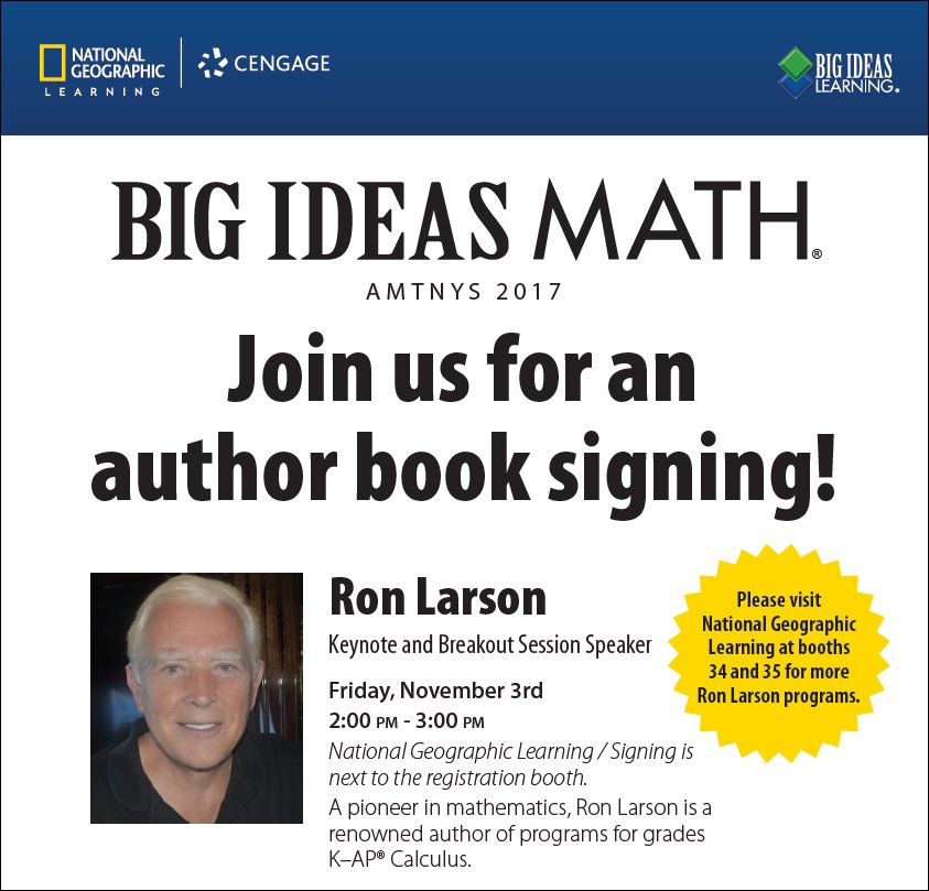 BigIdeasMath's tweet photo. .@AMTNYS attendees, stop by @ExploreInside's booth #34 / #35 to get your book signed by Dr. Ron Larson! #AMTNYS2017 #BigIdeasMath #NGLMath https://t.co/OYoMaQ9MAv