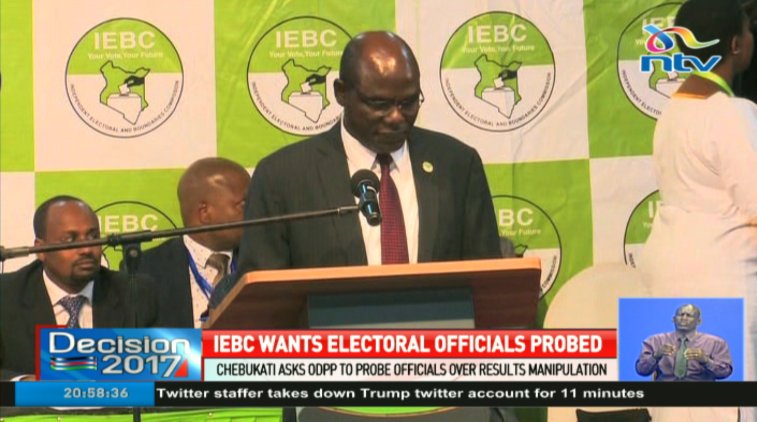 ntvkenya's tweet photo. IEBC wants electoral officials probed: Chebukati asks ODPP to probe officials over results manipulation #Decision2017 @Gladys_Gachanja https://t.co/SNbb0iFQSk