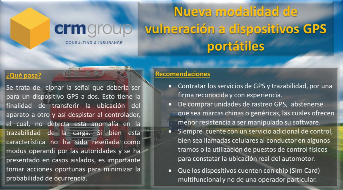 cargorisk's tweet image. ALERTA: Nueva modalidad de robo por duplicidad de señal de GPS portátil #CRMgroup #robocarga #cargorisk