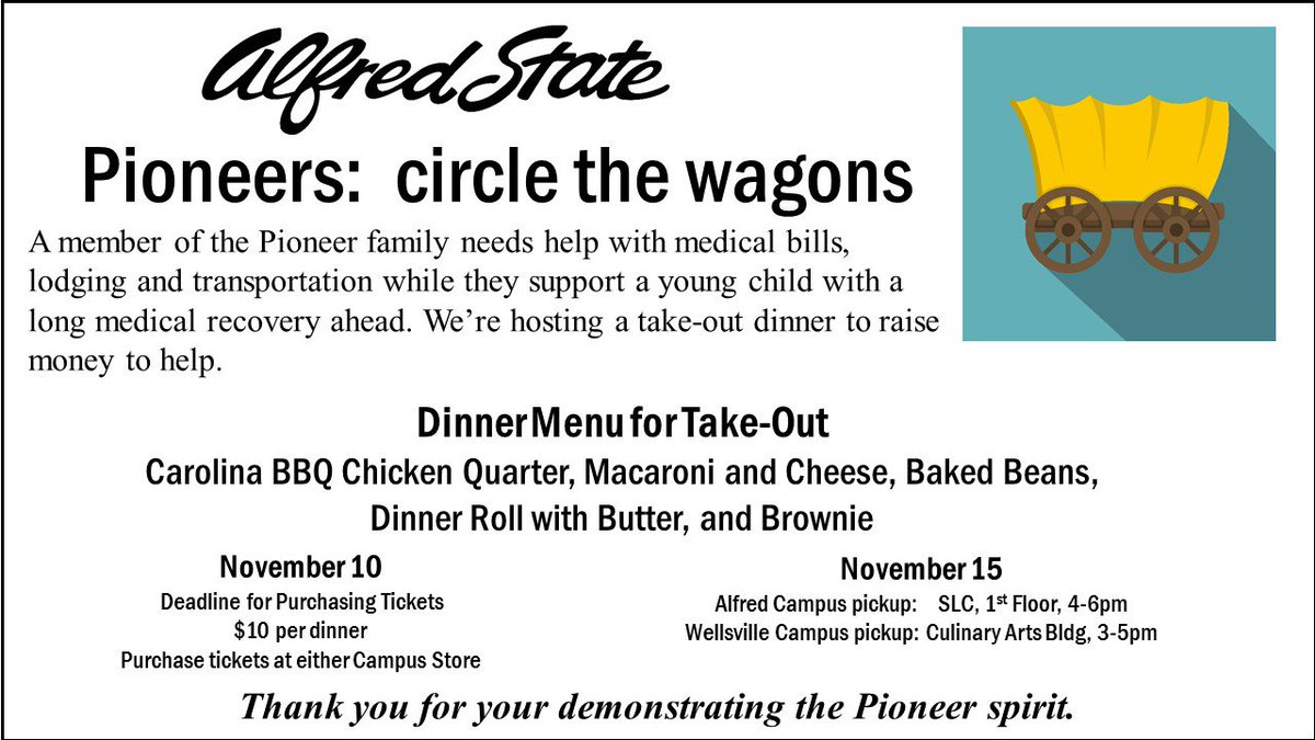 ACESAlfred's tweet image. A member of the Alfred State family is in need. Buy a chicken bbq take-out dinner to help raise $ for medical aid #pioneerpride #alfredstate