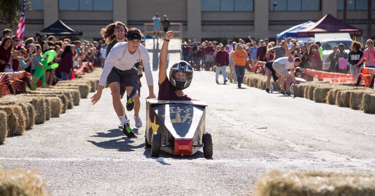 txst's tweet photo. This year marks the 50th anniversary of the #txsthc Soap Box Derby! Cheer on all the racers today at 3pm. 🎉 #txst https://t.co/h2BAxaVgoj https://t.co/9K55LAIAOD