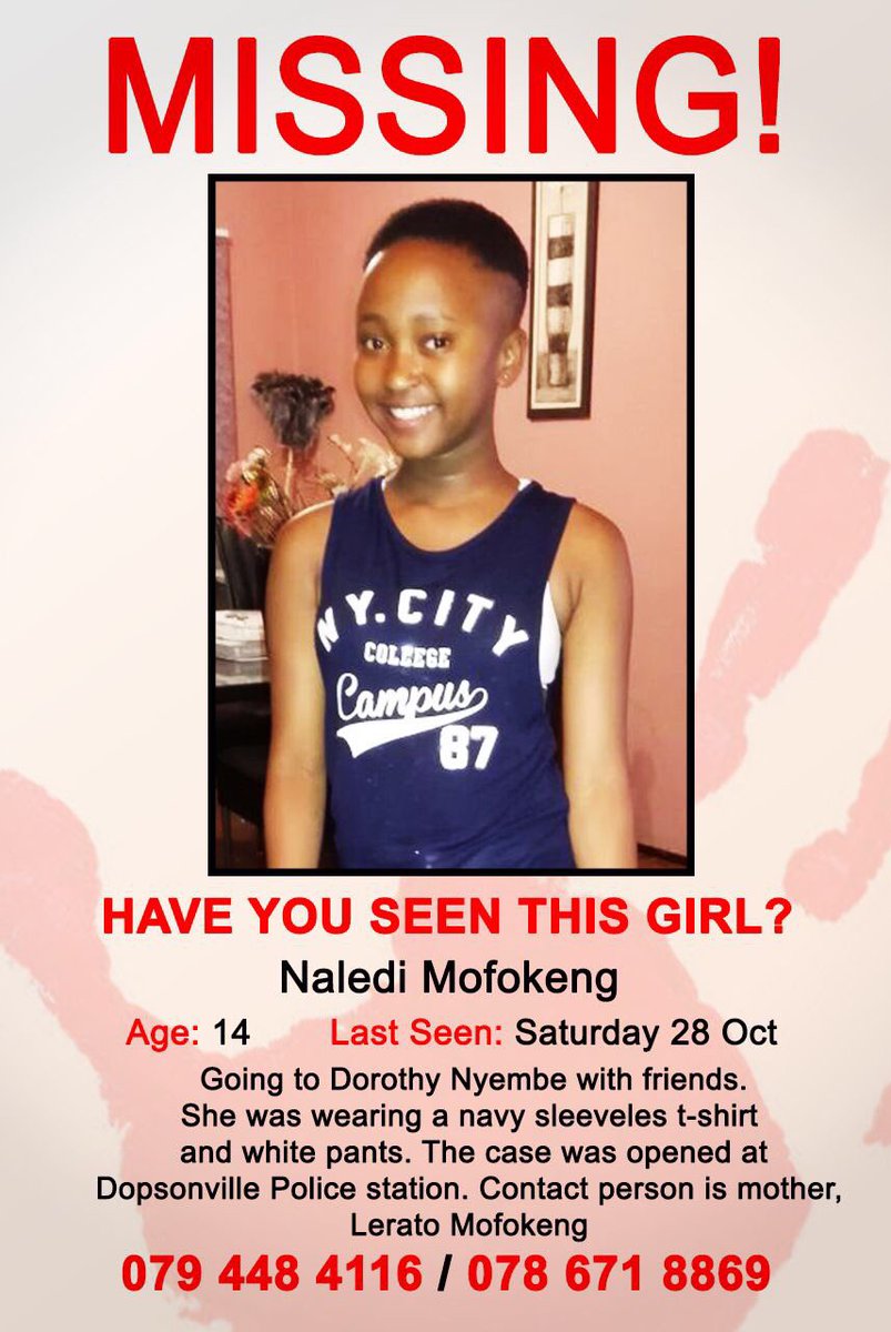 MikeyMashila's tweet photo. 14 yrs Naledi Mofokeng is missing and her family is desperately looking for her - please retweet until she's found. https://t.co/DlFfLiWzoX