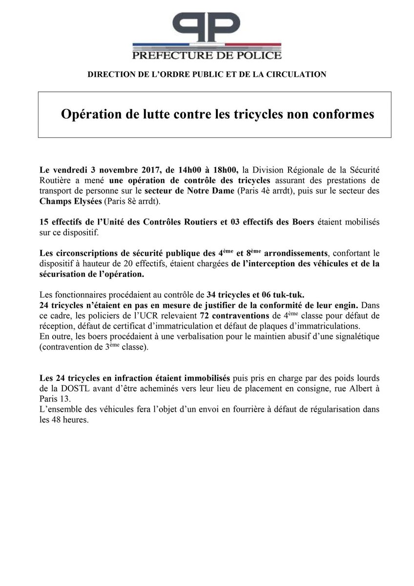 prefpolice's tweet photo. Bilan de l’opération de contrôle de tricycles menée ce jour entre #NotreDame et les #ChampsÉlysées : 24 engins ont été immobilisés https://t.co/QCWAJo0m2Q