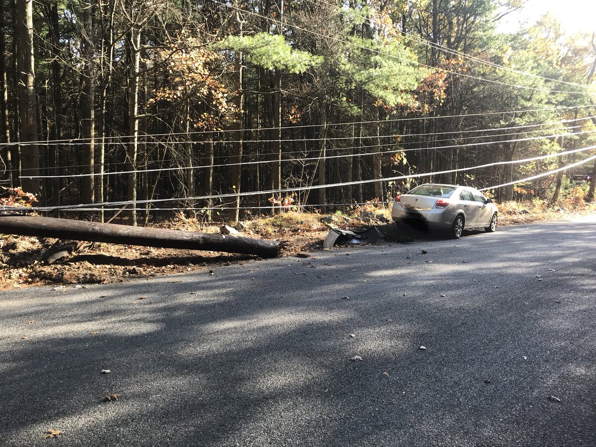 MVA at High and cross. Car into a pole with wires down. Driver is safe. #PlainvilleMA
