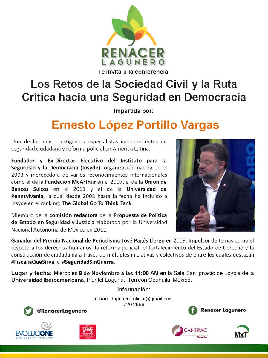 Te invitamos a la conferencia de <a href="/ErnestoLPV/">@ErnestoLPV</a> : #SeguridadEnDemocracia 

Información y registro aquí abajo👇

goo.gl/forms/OBvW48Rr…