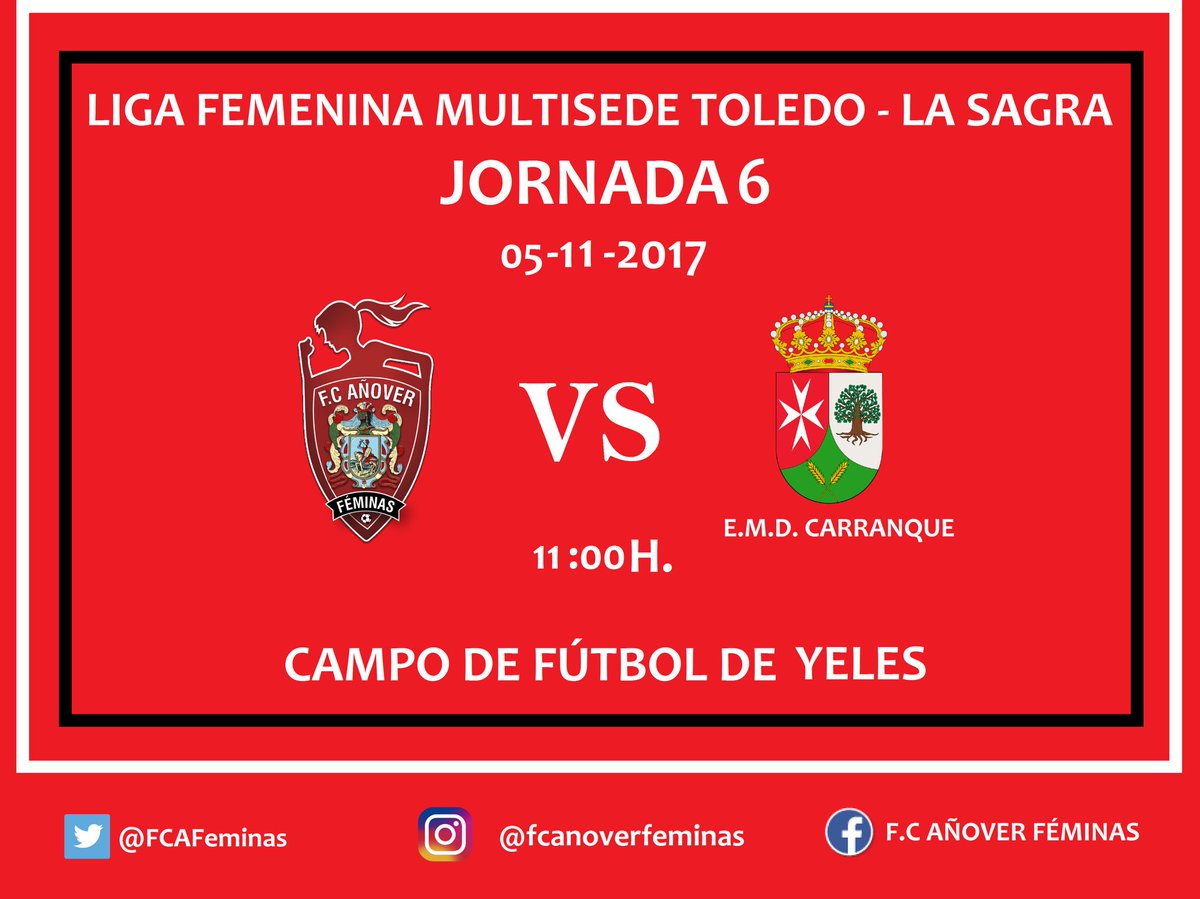 FCAFeminas's tweet photo. |HORARIOS| Jor. 6.
📍Yeles.
🕚 11:00 h.
⚽️ @FCAFeminas - E.M.D Carranque.
🏆 Jornada 6 - #LigaMultisede
#VamosEquipo #VamosRojas
#123Añover https://t.co/yrBQWeoahI