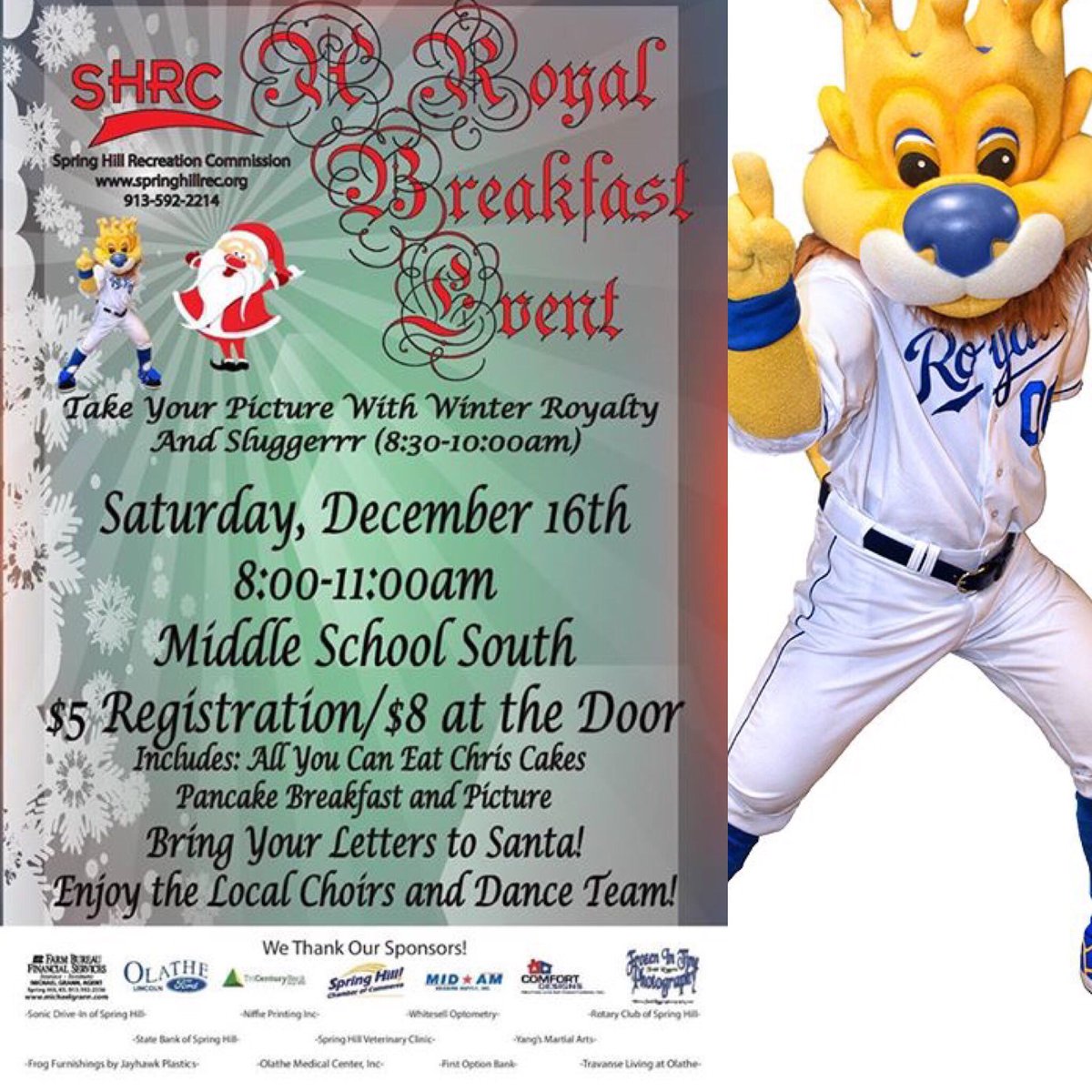 SpringHillRec's tweet photo. @Sluggerrr is coming to A Royal Breakfast Event this year with #Santa! Tickets available online. #Sluggerrr #KCRoyals #SpringHillKS #SHRCKS https://t.co/WWPVrcoVTT